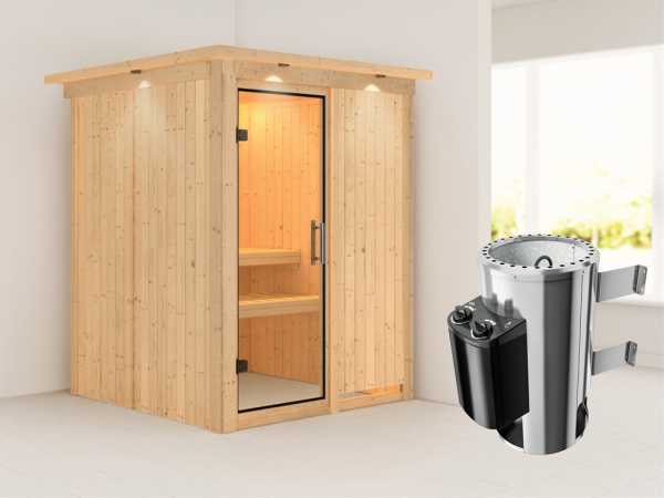 Sauna Systemsauna Minja mit Dachkranz, Klarglas Ganzglastür + Plug & Play Saunaofen mit Steuerung