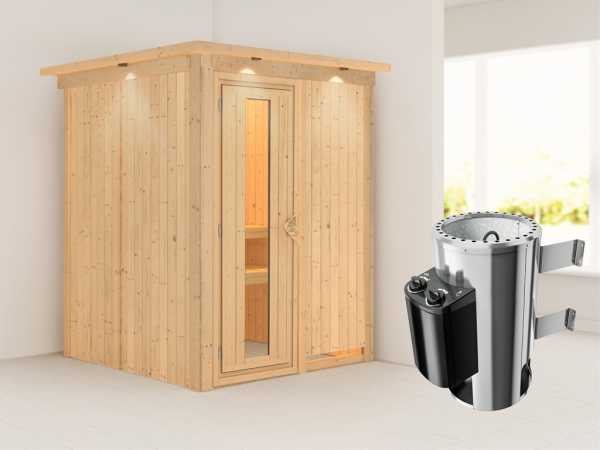 Sauna Systemsauna Minja mit Dachkranz, Energiespartür + Plug &amp; Play Saunaofen mit Steuerung