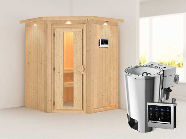 Sauna Systemsauna Nanja mit Dachkranz, Energiespartür, Plug & Play Bio-Ofen mit externer Steuerung