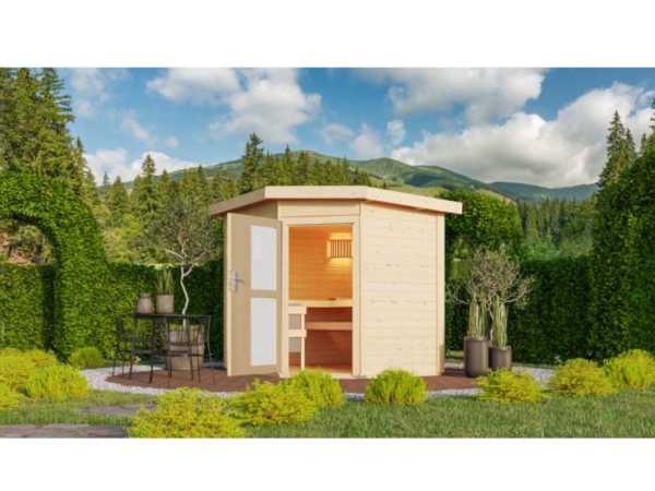 Saunahaus Mikka mit Milchglastür, inkl. 9 kW Saunaofen mit externer Steuerung