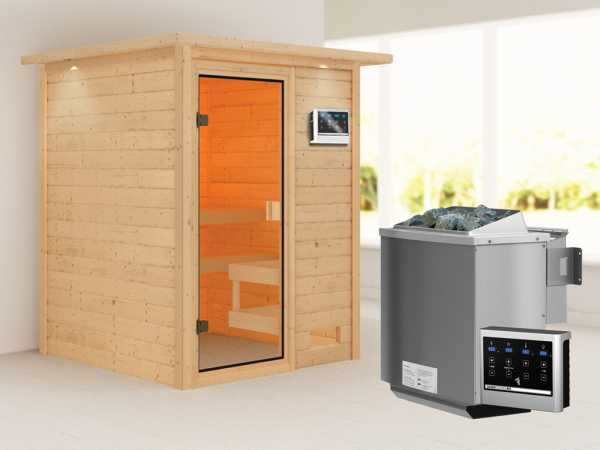 Sauna "Sandra" mit bronzierter Glastür und Dachkranz + 9 kW Bio-Kombiofen ext. Strg.