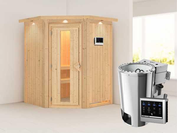 Sauna Systemsauna Nanja mit Dachkranz, Energiespartür, Plug & Play Bio-Ofen mit externer Steuerung