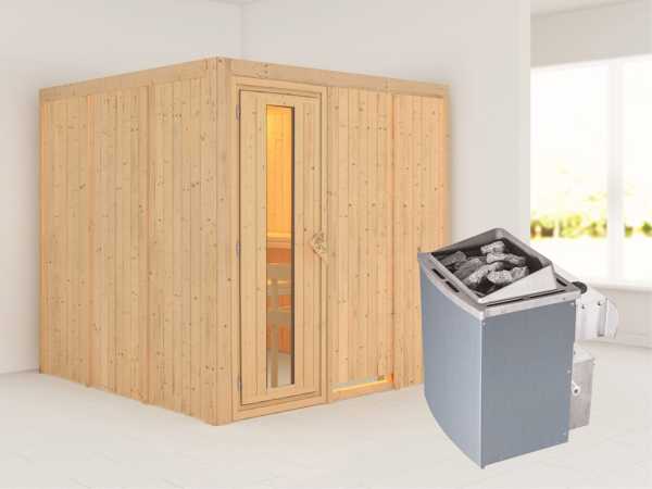 Systemsauna Rodin Holztür mit Isolierglas, inkl. 9 kW Saunaofen integr. Steuerung