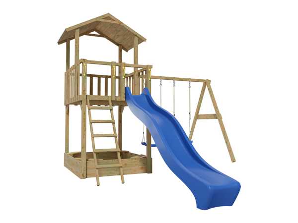 Spielturm Tilly Classic mit Doppelschaukel KDI inkl. Rutsche blau + Sitze blau