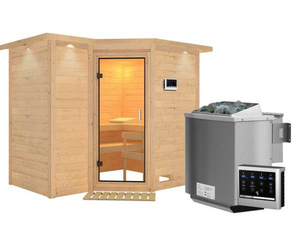 Sauna Massivholzsauna Sahib 2 mit Dachkranz, Klarglas Ganzglastür + 9 kW Bio-Kombiofen mit ext.Strg