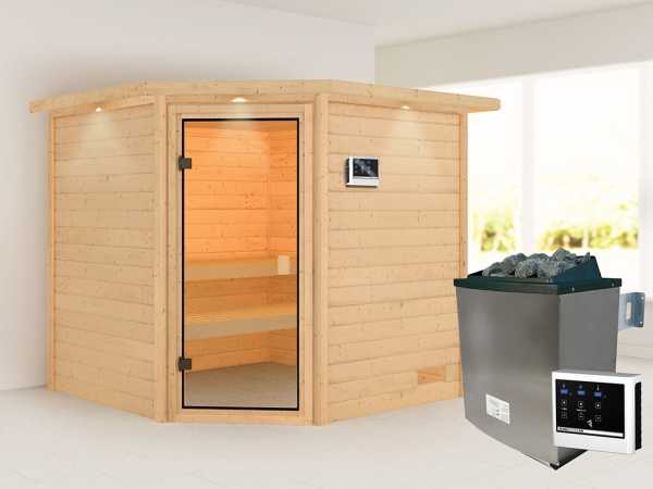 Sauna Tilda mit bronzierter Glastür und Dachkranz + 9 kW Saunaofen ext. Strg.