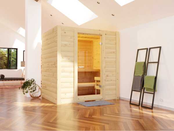 Sentiotec Basic Medium Sauna Massivholz SPARSET mit 9 kW Combi Ofen mit externer Steuerung