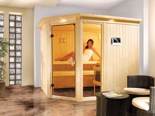 Sauna Systemsauna Fiona 3 mit Dachkranz, inkl. 9 kW Bio-Kombiofen ext. Steuerung