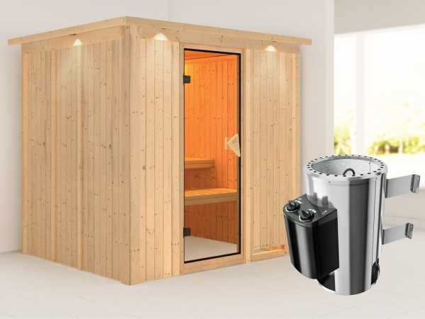 Sauna Systemsauna Daria mit Dachkranz, inkl. Plug & Play Saunaofen Steuerung