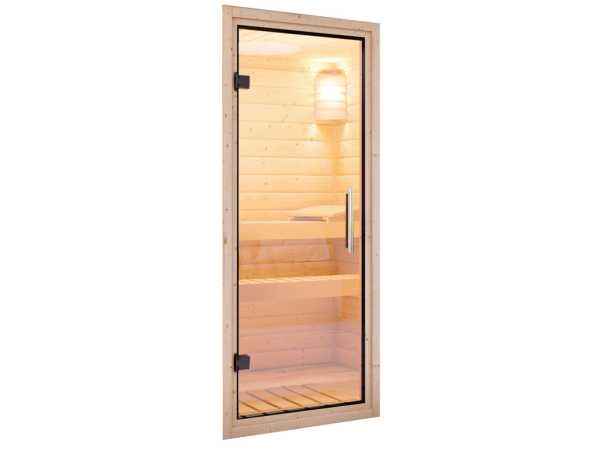 Sauna Massivholzsauna Sahib 2 mit Dachkranz, Klarglas Ganzglastür + 9 kW Bio-Kombiofen mit ext.Strg