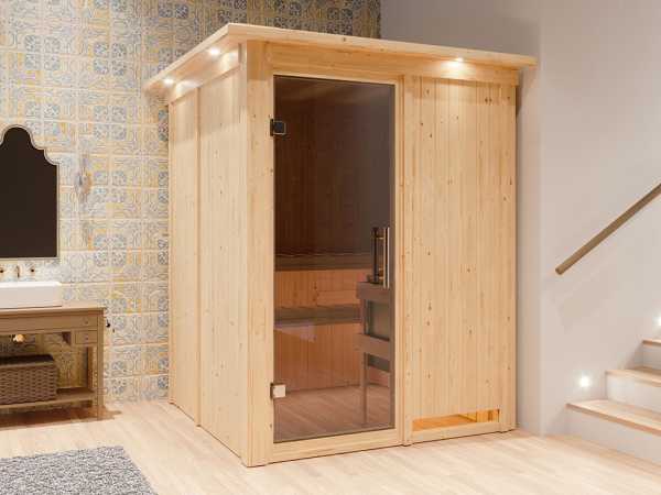 Sauna Systemsauna Norin mit Dachkranz, inkl. 9 kW Ofen mit integrierter Steuerung