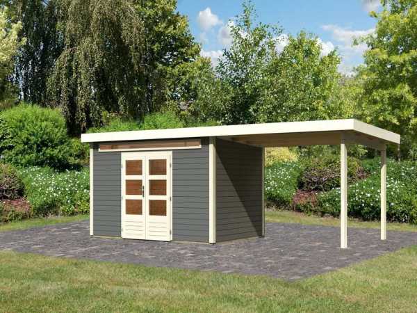 Gartenhaus SET Kandern 6 28 mm terragrau, inkl. 3,2 m Anbaudach + Seiten- und Rückwand