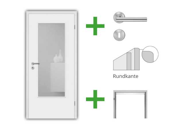 Türenset CPL Weiß RAL 9010 mit Lichtausschnitt (ohne Glas) -Türblatt, Zarge, Drückergarnitur