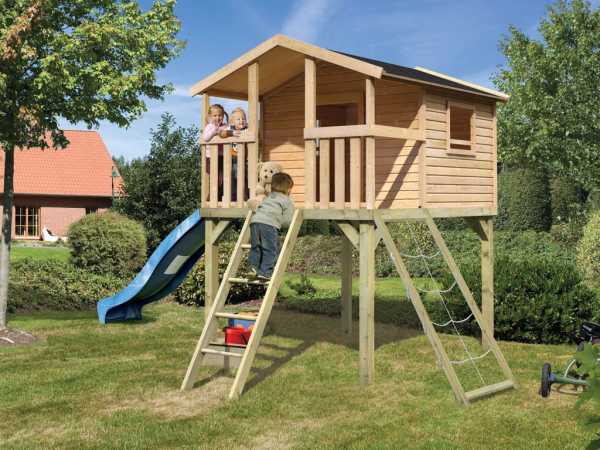 Spielhaus Stelzenhaus SPARSET "Benjamin" naturbelassen inkl. Rutsche blau + Netzrampe