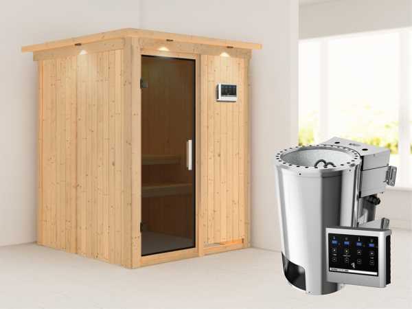 Sauna Systemsauna Minja mit Dachkranz, graphit Ganzglastür + Plug &amp; Play Bio-Ofen mit ext. Strg