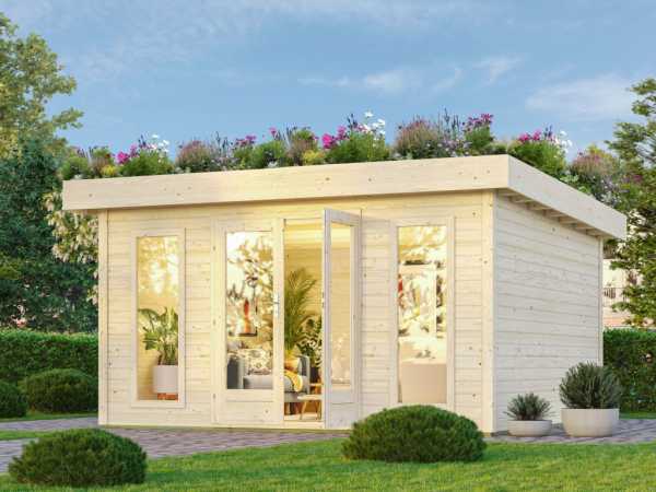 Gartenhaus Lotus 38 mm naturbelassen mit Dachbegrünung