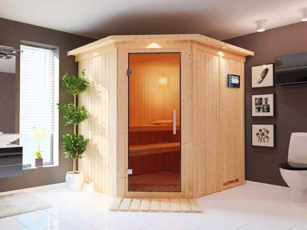 Sauna Systemsauna Lilja mit Dachkranz, graphit Ganzglastür + Plug & Play Bio-Ofen mit ext. Strg