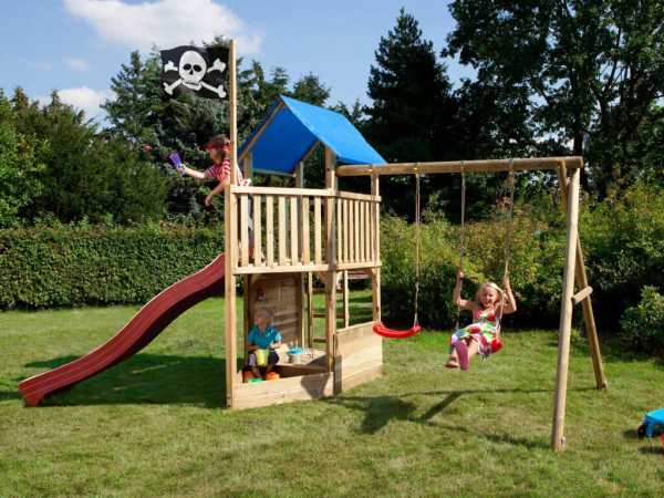 Spielturm FIPS Pirat inkl. Rutsche rot und Schaukelanbau