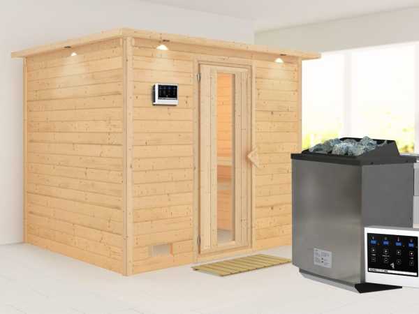 Massivholzsauna Sonara mit Dachkranz Holztür mit Isolierglas