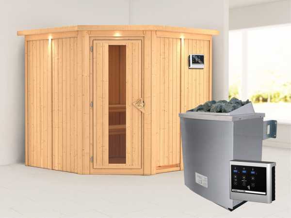 Systemsauna Jarin mit Dachkranz, Holztür mit Isolierglas, inkl. 9 kW Saunaofen ext. Steuerung