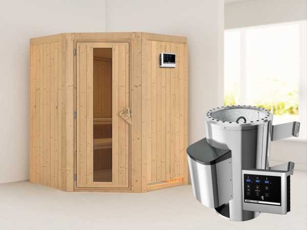 Sauna Systemsauna Nanja Energiespartür + Plug & Play Saunaofen mit externer Steuerung