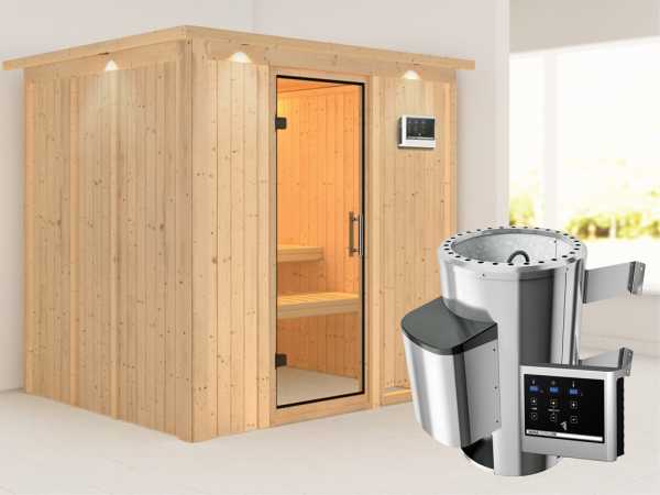 Sauna Systemsauna Daria mit Dachkranz, Klarglas Ganzglastür + Plug &amp; Play Saunaofen mit ext.Strg