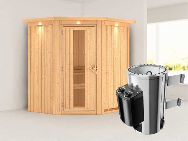Sauna Systemsauna Tonja mit Dachkranz, Energiespartür + Plug &amp; Play Saunaofen mit Steuerung