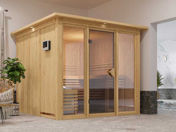 Sauna Systemsauna Sari mit Dachkranz Komplettset mit 9 kW Ofen mit externer Steuerung