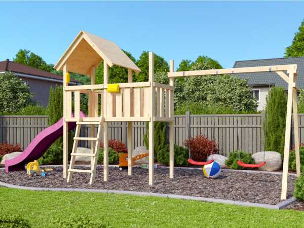 Spielturm SPARSET "Lotti" naturbelassen inkl. Rutsche violett + Schaukel + Klettergerüst + Zubehör