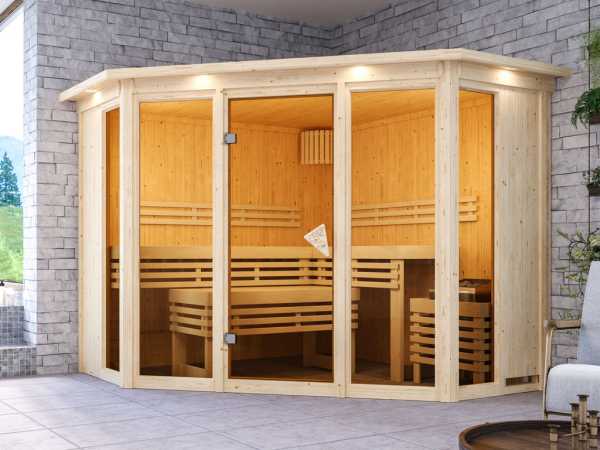 Sauna Alcinda mit bronzierter Glastür und Dachkranz