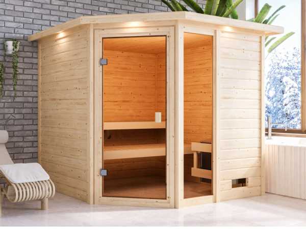 Sauna Tabea mit bronzierter Glastür und Dachkranz