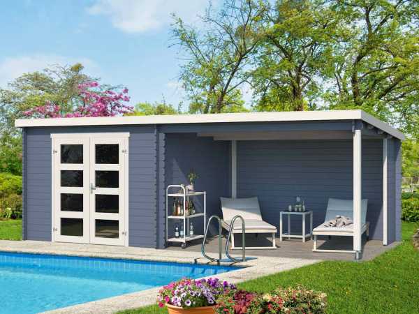 Gartenhaus Blockbohlenhaus Novia Plus 28 mm taubenblau