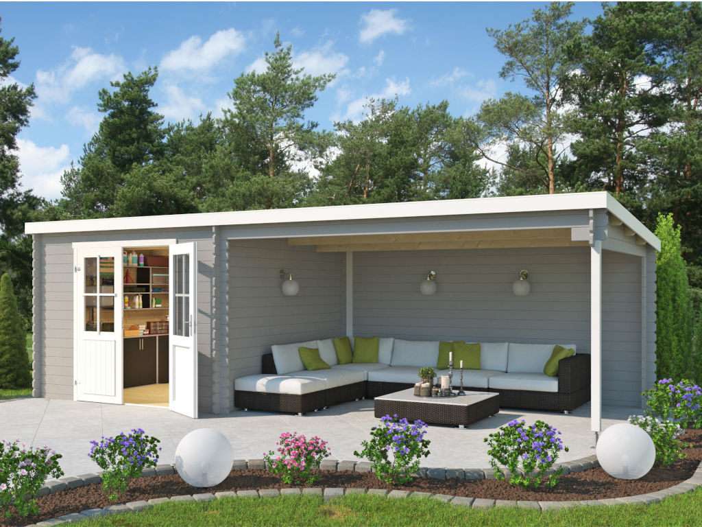 Gartenhaus Blockbohlenhaus St. Louis Exklusiv 28 mm lichtgrau mit 4 m