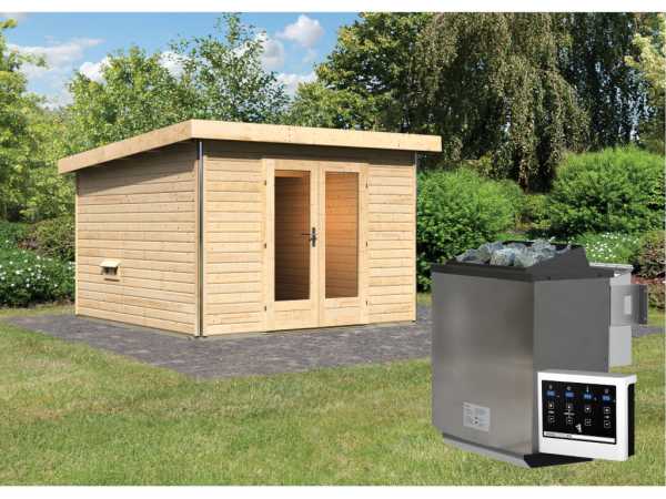 Saunahaus Mainburg 1 naturbelassen 38 mm inkl. Bio-Kombiofen 9 kW + ext. Steuerung