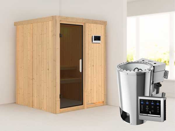 Sauna Systemsauna Minja graphit Ganzglastür + Plug & Play Bio-Ofen mit externer Steuerung