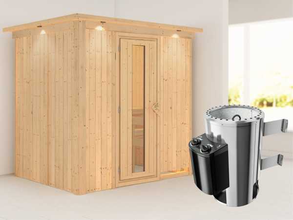 Sauna Systemsauna Fanja mit Dachkranz, Energiespartür + Plug &amp; Play Saunaofen mit Steuerung