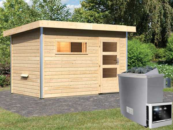 Saunahaus Skrollan 1 mit Klarglastür & Vorraum, inkl. 9 kW Saunaofen mit externer Steuerung