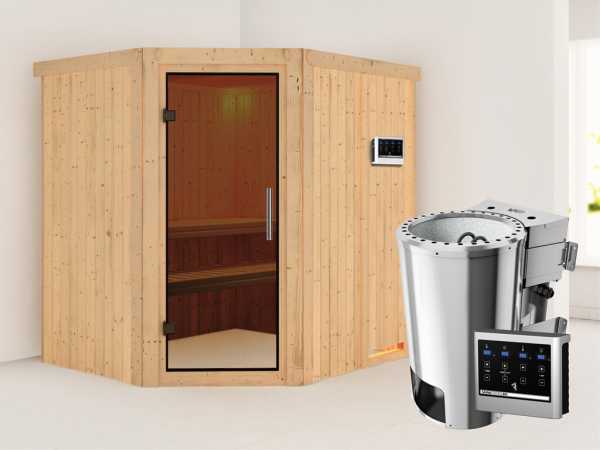 Sauna Systemsauna Lilja graphit Ganzglastür + Plug &amp; Play Bio-Ofen mit externer Steuerung