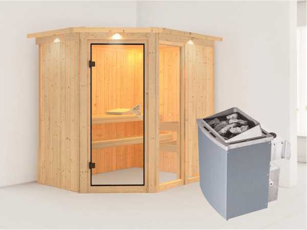 Sauna Systemsauna Fiona 1 mit Dachkranz, inkl. 9 kW Saunaofen integr. Steuerung