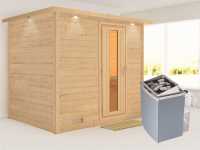 Massivholzsauna Sonara mit Dachkranz, Holztür mit Isolierglas, inkl. 9 kW Ofen integr. Steuerung