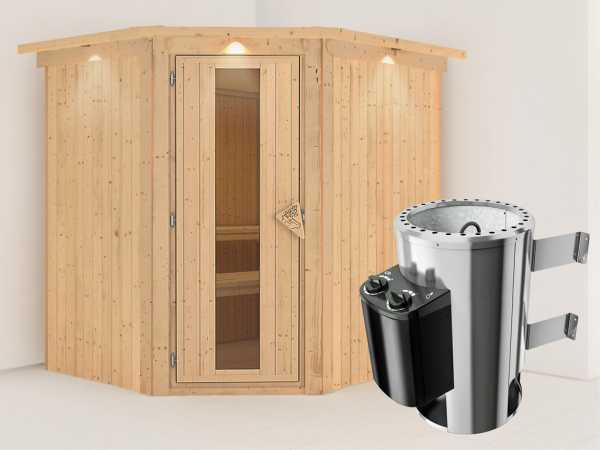 Sauna Systemsauna Lilja mit Dachkranz, Energiespartür + Plug &amp; Play Saunaofen mit Steuerung