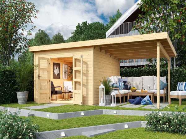 Gartenhaus SET Northeim 5 – mit naturbelassenem Holz, inkl. 3,3 m Anbaudach