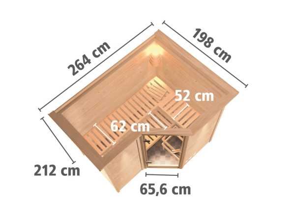 Massivholzsauna Sahib 2 mit Dachkranz, bronzierte Ganzglastür, inkl. 9 kW Bio-Ofen ext. Steuerung