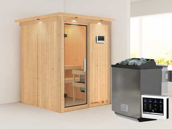 Sauna Systemsauna Norin mit Dachkranz, inkl. 9 kW Bio-Ofen mit externer Steuerung