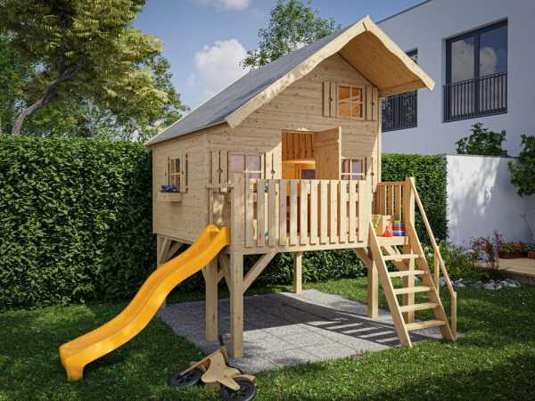 Stelzenhaus Tom XL 15 mm naturbelassen inkl. Veranda, Stelzen und Rutsche gelb