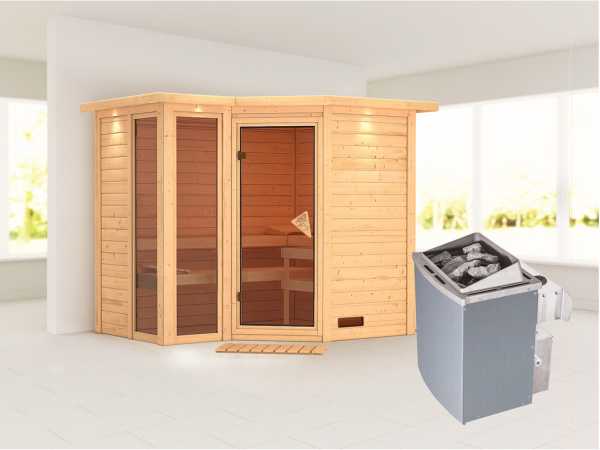Sauna Massivholzsauna Amara mit Dachkranz inkl. 9 kW Saunaofen integr. Steuerung