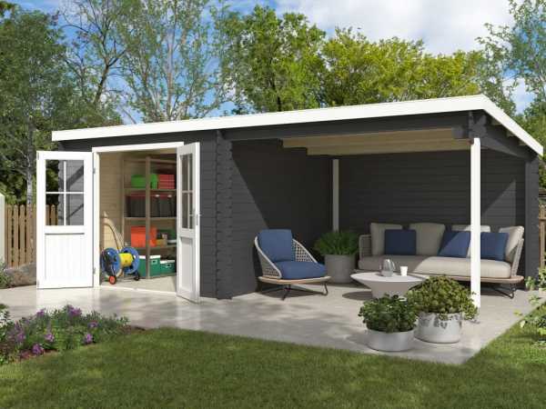 Gartenhaus Blockbohlenhaus Orlando Exklusiv 28 mm carbongrau mit 3 m Anbau