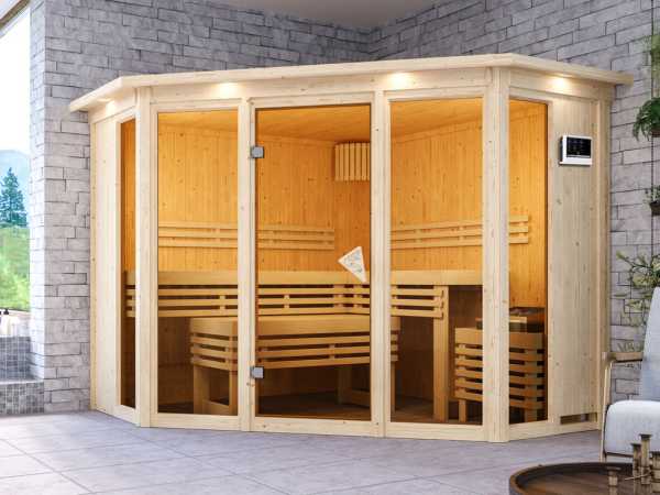 Sauna Alcinda mit bronzierter Glastür und Dachkranz + 9 kW Saunaofen ext. Strg.