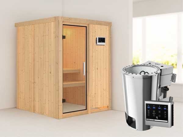 Sauna Systemsauna Minja Klarglas Ganzglastür + Plug & Play Bio-Ofen mit externer Steuerung