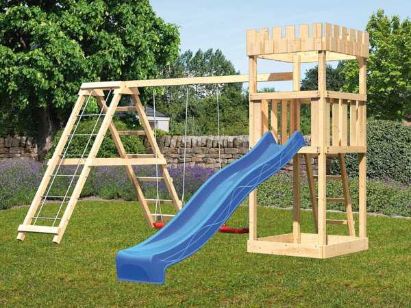 Spielturm SET Ritterburg Löwenherz naturbelassen inkl. Rutsche blau + Doppelschaukel + Klettergerüst